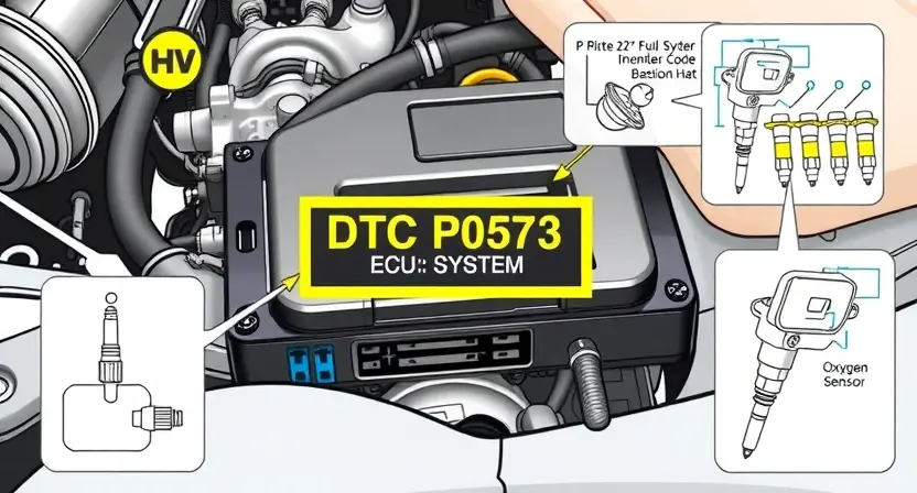 A close-up, detailed illustration of a car's engine control unit (ECU) with highlighted diagnostic trouble code (DTC) P0573. The ECU should be surrounded by subtle technical diagrams related to fuel system components like the fuel rail, injectors, and oxygen sensors. Focus on the electronic components and wiring within the ECU.