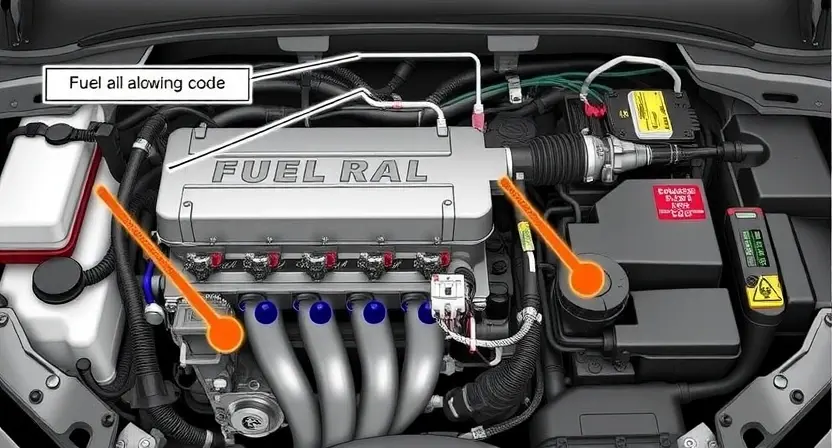 A detailed illustration of a car's engine bay, focusing on the fuel rail and wiring harness related to the P0232 error code. The image should clearly show the fuel rail, injectors, and associated electrical connections. Include visual cues indicating high voltage, such as glowing wires or a voltage meter displaying a high reading.