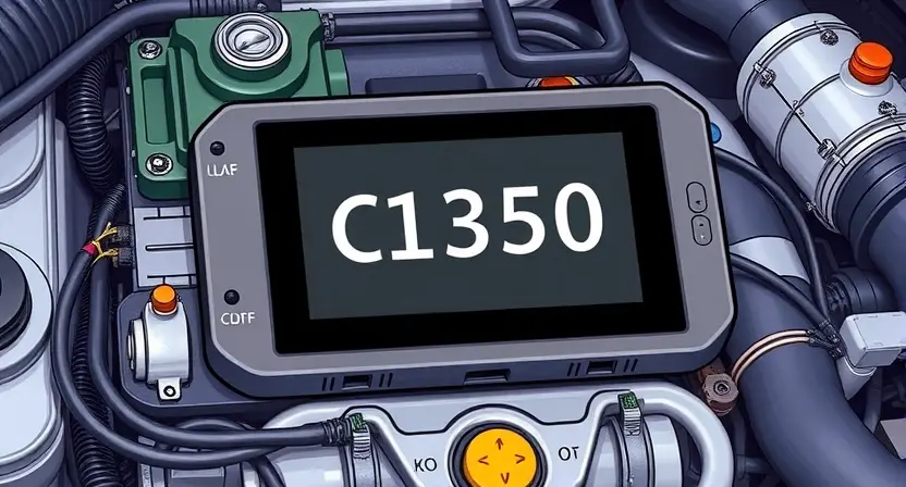 A detailed illustration of an automotive engine control unit (ECU) with a diagnostic interface displaying error code C1350. The ECU should be realistically rendered, and the interface should show the error code prominently. Include wiring and components typical of an engine.