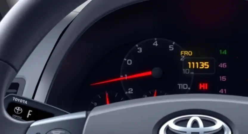 A detailed illustration of a Toyota vehicle displaying a diagnostic error light on the dashboard. The image should focus on the dashboard area, clearly showing the error light and potentially a digital display indicating the P1135 error code. The car's exterior should be subtly visible in the background, suggesting a typical Toyota model.