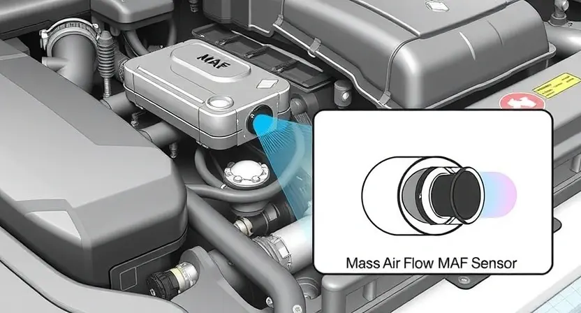 A close-up illustration of a car's engine bay, highlighting the Mass Air Flow (MAF) sensor. The MAF sensor should be clearly visible, with arrows indicating the airflow passing through it. Include a simplified diagram showing the sensor's internal components and how it measures airflow. The background should show other engine components subtly, but the focus should remain on the MAF sensor and its function.