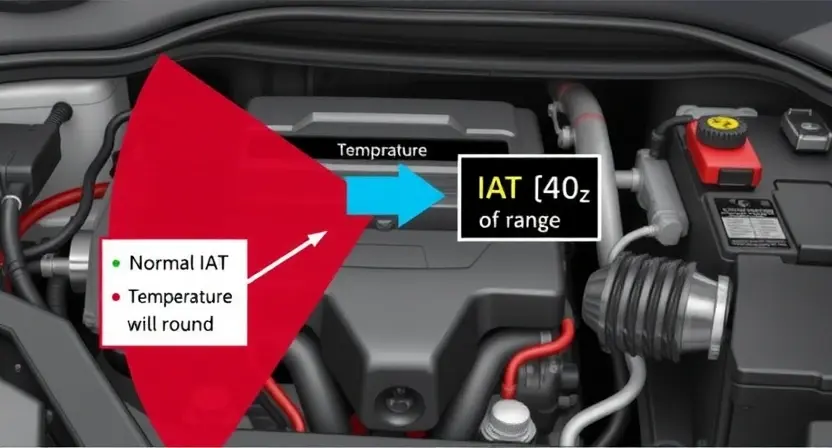 A detailed illustration of a car engine bay with a clear focus on the Intake Air Temperature (IAT) sensor. The sensor should be highlighted with an arrow, and a visual representation of the airflow around it should be included. A digital display showing a normal IAT reading and an out-of-range reading would be beneficial. Include relevant engine components like the intake manifold and air filter housing.