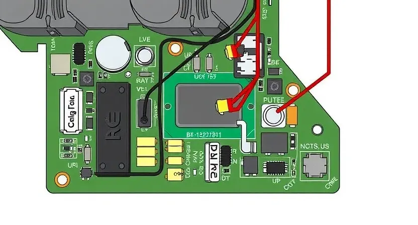 A detailed illustration of a car's accelerator pedal position sensor circuit board. Focus on the sensor itself, wiring connections, and any potential points of failure. The background should be a clean, neutral color to highlight the components.