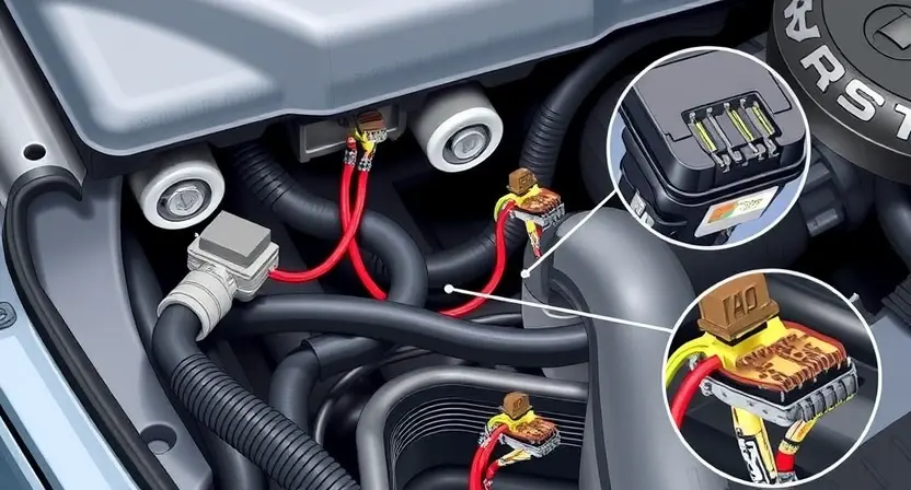 A detailed illustration of a car's wiring harness, highlighting potential damage such as frayed wires, corroded connectors, and loose connections. Focus on the areas commonly affected by P0641 error codes. Include close-ups of damaged components.