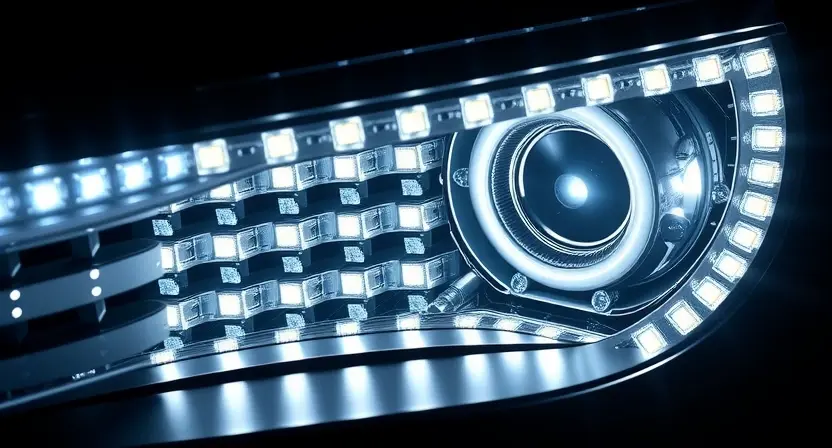 A close-up, detailed illustration of a Matrix LED headlight assembly. The headlight should showcase the intricate patterns of light emitted from the LED matrix, highlighting the dynamic and customizable illumination. Focus on the light patterns and the internal structure of the headlight.