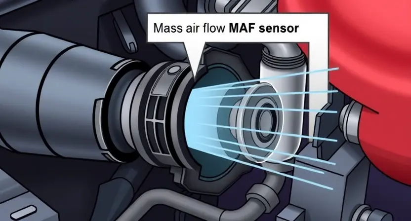 A close-up, detailed illustration of a car's air intake system, highlighting the Mass Air Flow (MAF) sensor. Show the sensor's physical appearance, its connection to the engine, and a simplified representation of airflow passing through it. Focus on the sensor's internal components without excessive detail.