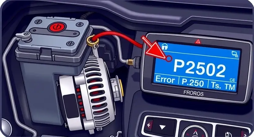 A detailed illustration of a car's charging system showing a battery, alternator, and wiring with visible voltage fluctuations, highlighted by a red warning symbol and error code P2502 displayed on a dashboard screen, technical and realistic style, no text or letters in the image except the error code as part of the display