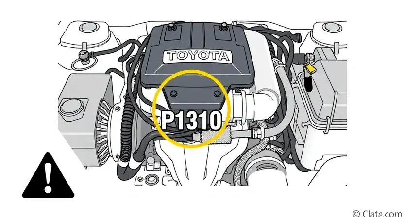 A high-quality technical illustration showing a Toyota engine with a highlighted ignition coil and spark plug wires, surrounded by subtle warning signs like an exclamation mark and error code P1310, clean background, professional automotive diagram style