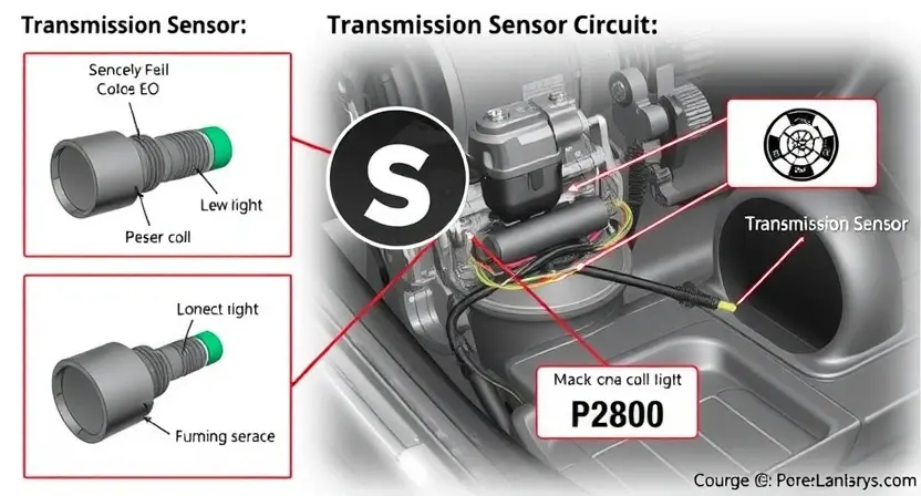 A detailed illustration of a car's transmission sensor circuit, highlighting the P2800 error code. Include visual representations of the sensor, wiring, and potential causes of the malfunction.