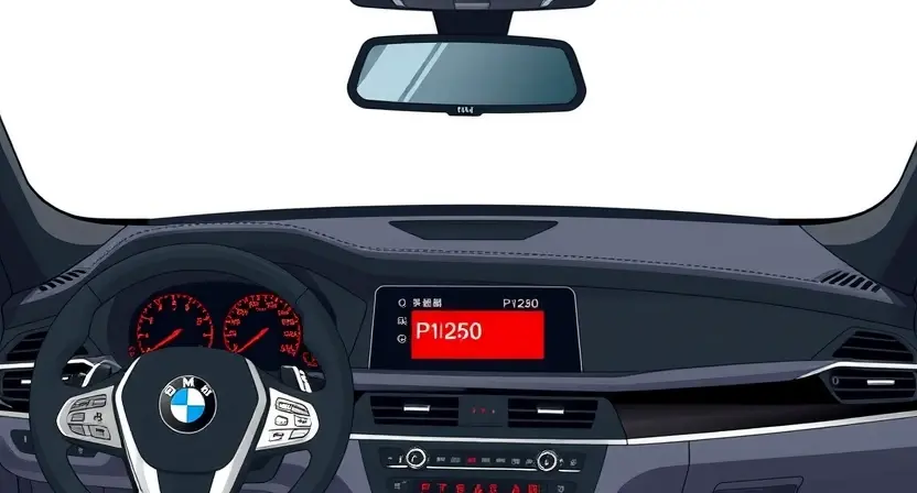 A detailed illustration of a BMW car dashboard with a highlighted error code P1250 displayed on the infotainment screen. The dashboard should be clean and modern, showcasing the car's interior. Focus on the error code display and surrounding gauges.