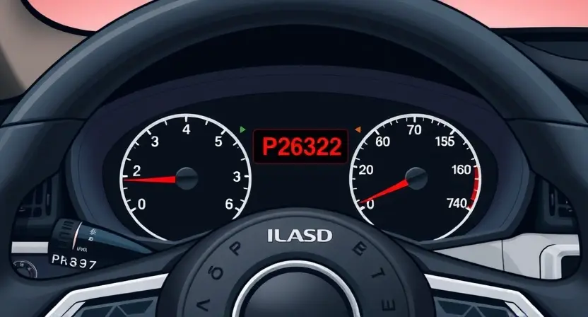A detailed illustration of a car's dashboard with a prominent error message 'P2822' displayed on the instrument cluster. The dashboard should show various gauges and warning lights, with the error message highlighted in red. The car's interior should be realistically depicted, showing the steering wheel, seats, and other components. Focus on clarity and technical accuracy to represent a car's diagnostic interface.
