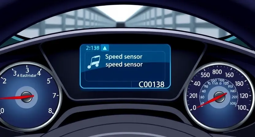 A detailed illustration of a car's dashboard with a diagnostic screen displaying error code C0038. The screen should show a visual representation of a speed sensor and a warning symbol. The background should be a realistic depiction of a car interior.
