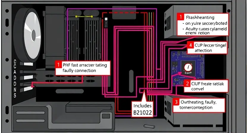 A detailed schematic diagram illustrating a B2102 error code in a computer system. The diagram should show the affected components (CPU, RAM, motherboard) and potential causes (overheating, faulty connection). Include visual cues representing the error, such as a flashing light or a highlighted component.