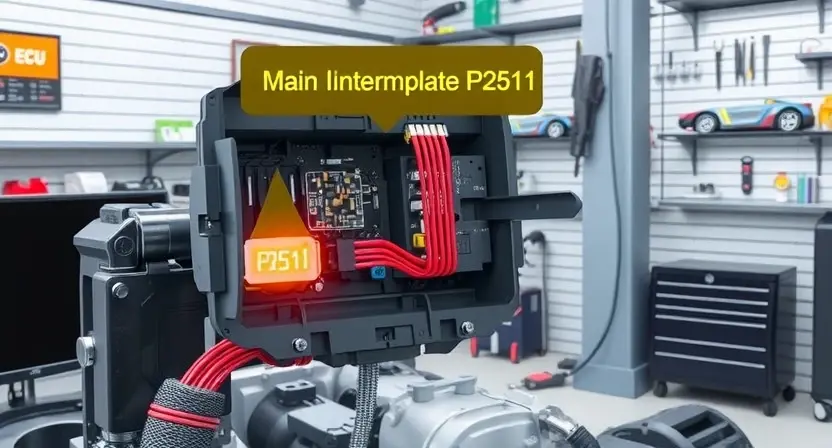 A detailed technical illustration of a car engine control unit (ECU) with a highlighted main relay circuit. The image should show the relay in a partially disassembled state to reveal its internal components, with a focus on the intermittent signal issue. Include visual indicators of the P2511 error code, such as a flashing warning light or a diagnostic tool displaying the error. The background should feature a clean, well-lit workshop setting with common automotive diagnostic tools and equipmen