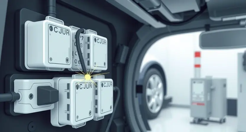 A close-up, detailed illustration of a vehicle's CAN bus system. Show a network of interconnected electronic control units (ECUs) represented as stylized boxes, linked by wires forming a bus. Highlight a break or open circuit in one of the wires with a visual indicator like a spark or a gap. The background should be a clean, technical environment, possibly a workshop or automotive lab. Focus on the electrical connections and the disruption in the CAN bus line.
