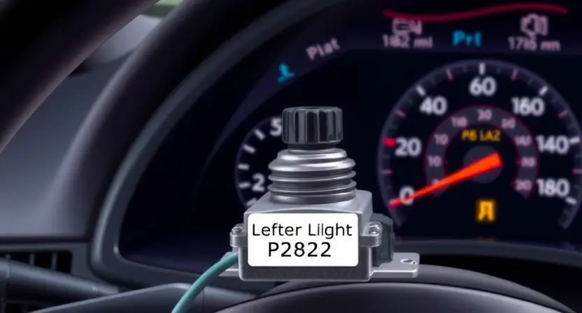 A detailed illustration of a car's solenoid, highlighting the P2822 error code indicator light on the dashboard. The solenoid should be depicted with visible wiring and components. The background should be a slightly blurred view of a car interior.
