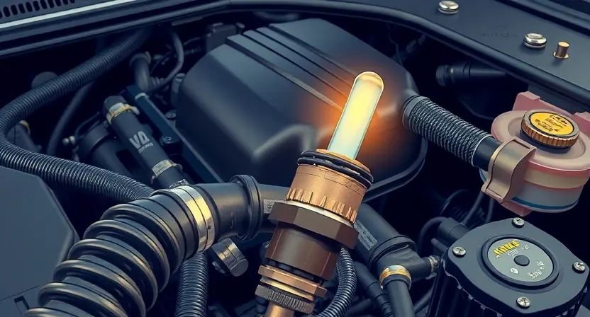 A detailed illustration of a car engine bay with a clear focus on the coolant temperature sensor. The sensor should be highlighted with a glowing effect. Surrounding the sensor, depict various engine components like hoses, wires, and the engine block. The overall scene should convey a sense of technical precision and diagnostic examination. Use realistic lighting and textures to emphasize the mechanical details. The background should be slightly blurred to keep the focus on the sensor and its im