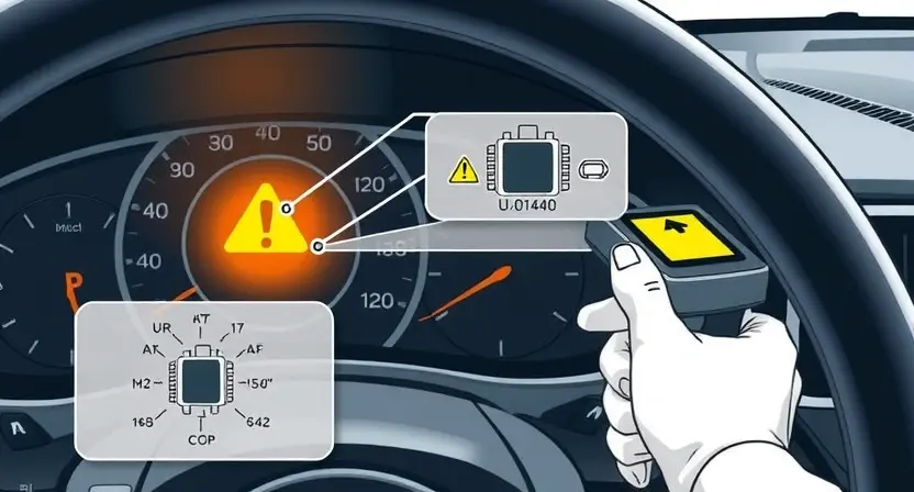 A detailed technical illustration of a car's onboard diagnostic system showing a warning light U0140 on a dashboard, with a schematic of a vehicle's network bus and a mechanic's hand holding a diagnostic scanner, clean lines, high detail, no text or numbers on the image