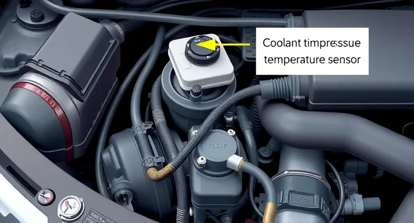 A detailed illustration of a car engine bay with a focus on the coolant temperature sensor and its wiring. The sensor should be clearly visible, along with the surrounding hoses and wires. Highlight a potential wiring issue, such as a frayed or disconnected wire, with a subtle visual cue. The overall scene should be clean and well-lit, emphasizing the technical aspects of the engine.