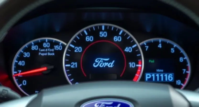 A close-up shot of a Ford vehicle's dashboard, specifically highlighting the instrument cluster and a diagnostic screen displaying 'P1116' error code. The background should be slightly blurred to focus attention on the dashboard. The overall lighting should be bright and clean, suggesting a professional automotive repair setting.