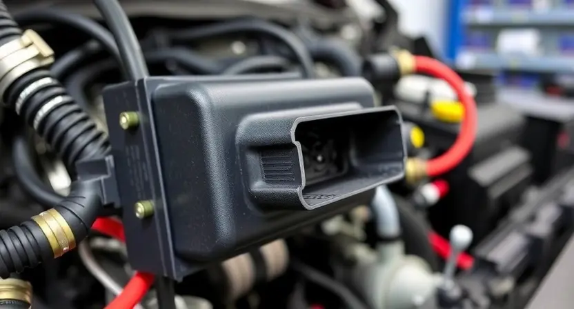 A close-up, detailed illustration of an engine control unit (ECU) with highlighted sensor connections and wiring. Focus on the diagnostic port and surrounding components. The background should be a clean, slightly blurred automotive workshop environment.