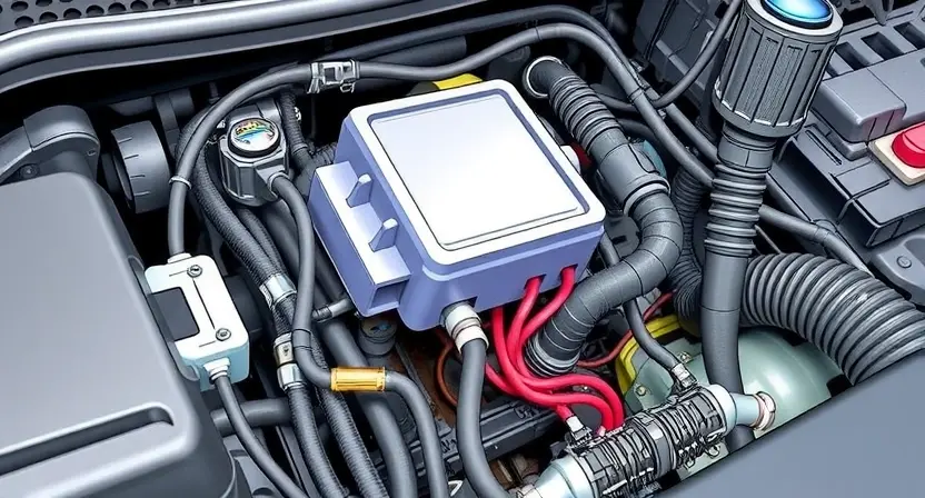 A detailed illustration of an automotive engine bay, focusing on the wiring harness and connectors. The image should depict a close-up view of various electrical connections, highlighting potential points of failure. Include visual cues suggesting a P0261 error code, such as a slightly discolored connector or a loose wire. The overall aesthetic should be technical and informative, suitable for a repair manual.