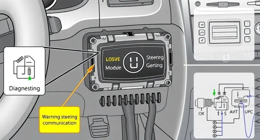 A high-quality technical illustration showing a vehicle's steering control module with a warning sign indicating loss of communication, surrounded by diagnostic tools and circuit diagrams, clean lines, detailed components, no text or numbers on the image