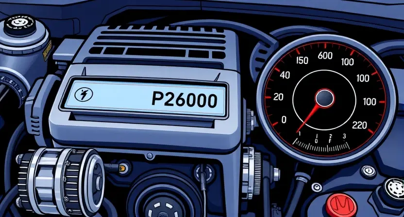 A detailed illustration of a car engine with a highlighted error code P2600 displayed on a digital dashboard. The engine should be realistically rendered, showcasing various components like pistons, valves, and belts. The dashboard should be modern and clearly show the error code with accompanying diagnostic information.