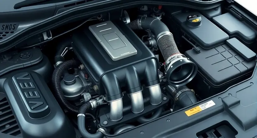 A detailed, realistic image of the engine bay of a modern car, focusing on the catalytic converter area. The image should clearly show the catalytic converter itself, with visible exhaust pipes and surrounding engine components. The overall scene should convey a sense of automotive mechanics and diagnostics. The lighting should be bright and even, highlighting the details of the components.