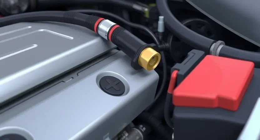 A close-up, detailed illustration of a car engine with a focus on the coolant temperature sensor and its wiring. The engine should appear clean and well-maintained. Include subtle visual cues indicating a potential temperature issue, such as a slightly warmer-toned sensor or a faint visual representation of heat radiating from it. The background should be blurred, suggesting a garage or workshop environment.