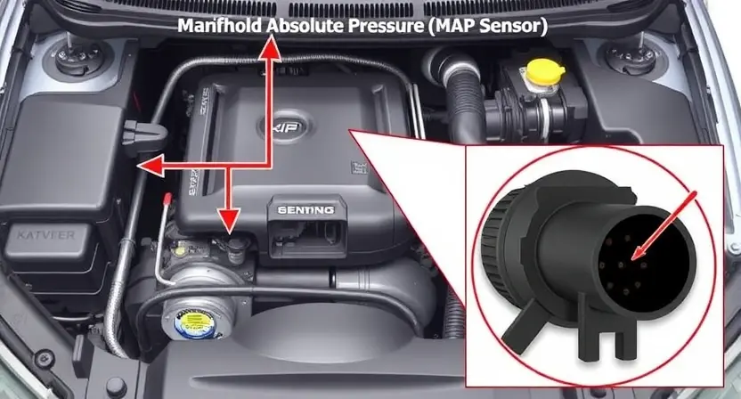 A detailed illustration of a car's engine bay, highlighting the Manifold Absolute Pressure (MAP) sensor and its connection to the intake manifold. Include arrows indicating the airflow and pressure being measured by the sensor. Show a close-up of the sensor itself, emphasizing its components.