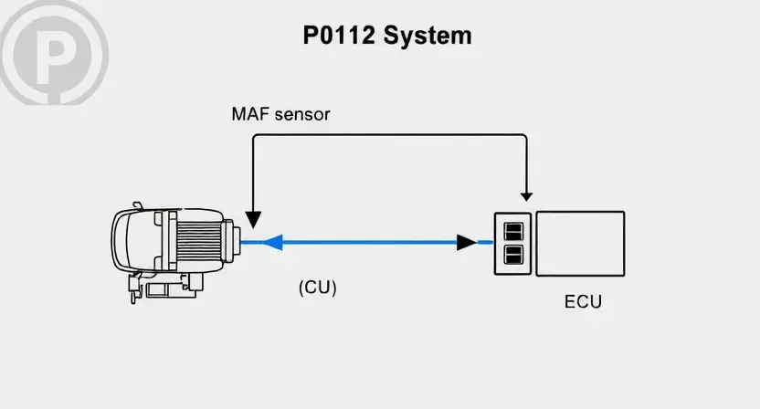 A detailed diagram illustrating the P0112 error in a car's engine system. The diagram should clearly show the Mass Air Flow (MAF) sensor, the engine control unit (ECU), and the airflow path. Use arrows to indicate the flow of air to the MAF sensor and the signal to the ECU. Highlight the MAF sensor with a distinct color. The background should be a clean, light gray.