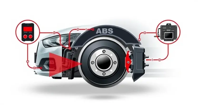 A high-quality technical illustration showing a modern car's ABS braking system with highlighted sensors, control module, and wiring, clean white background, professional engineering diagram style, no text or labels, no people, no logos, no numbers or letters on image