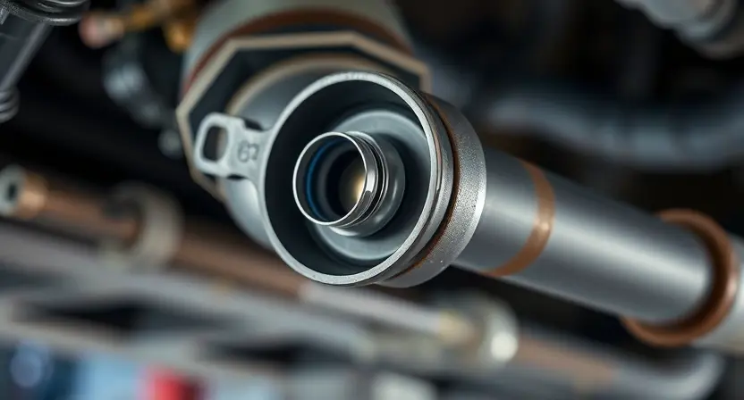 A close-up, detailed image of an oxygen sensor being removed from an exhaust manifold of a car. Focus on the sensor itself and the surrounding metal components. The background should be blurred, suggesting a garage or workshop environment. The lighting should be bright and even, highlighting the details of the sensor.