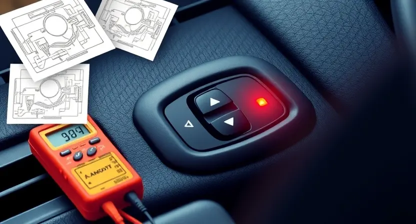 A close-up of a car's interior dashboard showing a malfunctioning window control button with a warning light illuminated, surrounded by diagnostic tools like a multimeter and OBD-II scanner, with subtle wiring diagrams floating in the background, all rendered in a clean, technical, high-detail style suitable for an automotive repair guide