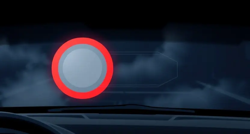 A high-quality technical illustration showing a car's windshield with a blocked blind spot sensor lens, featuring clear visual indicators of obstruction like dust, debris, or physical blockage, rendered in the predefined style HQ-832-448-h