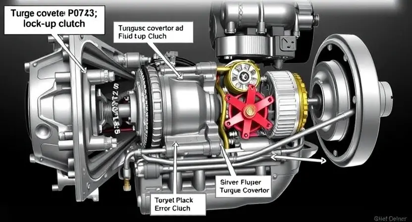 A detailed illustration of a car's transmission system, specifically highlighting the torque converter and the lock-up clutch. Include diagrams showing the fluid flow and the mechanical connections. Focus on the components relevant to the P0743 error code.