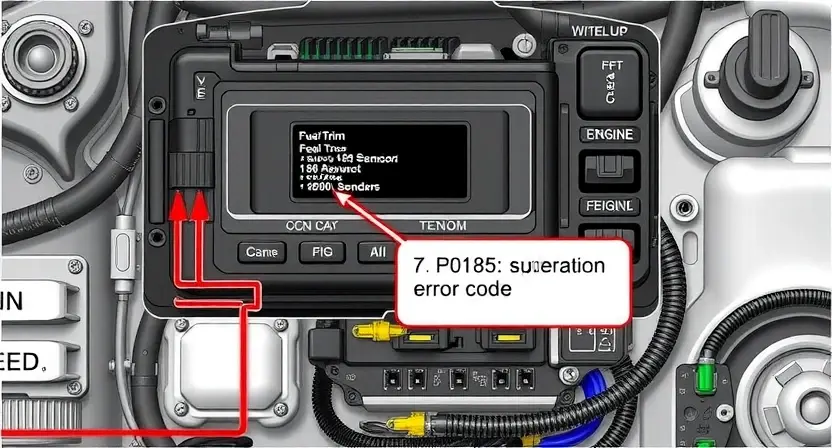 A detailed illustration of an engine control unit (ECU) with various sensors and wiring, highlighting the P0185 error code indicator. The image should visually represent the components related to fuel trim and oxygen sensors.