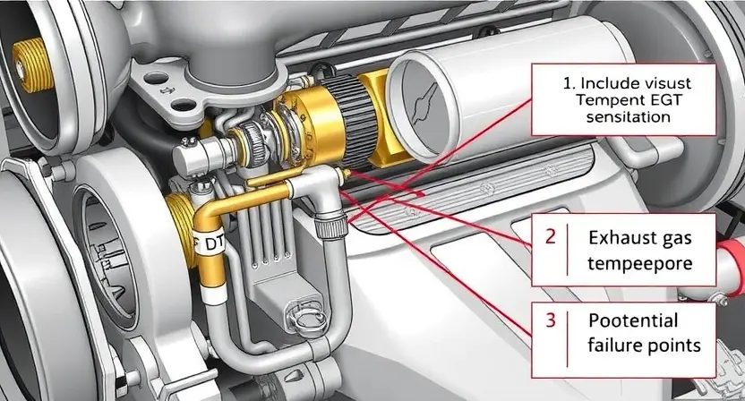 A detailed illustration of an exhaust gas temperature (EGT) sensor, highlighting its components and connections within an engine. Include visual representations of potential failure points.