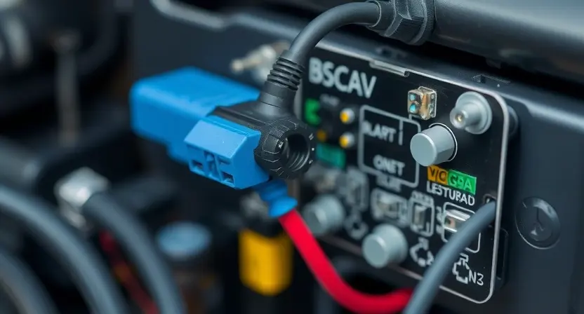 A close-up, detailed illustration of a car's AdBlue tank temperature sensor circuit board. Focus on the connections, wires, and components related to the temperature sensor. The background should be blurred, suggesting the interior of a vehicle. The image should clearly depict the sensor and its wiring within the electronic system.