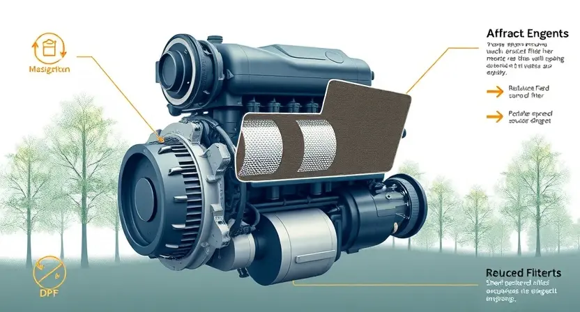 A high-quality technical illustration showing a modern diesel engine with a visible Diesel Particulate Filter (DPF) component, surrounded by subtle environmental elements like trees and clean air, symbolizing reduced emissions and ecological balance, in the style of technical documentation with clear labels and diagrams