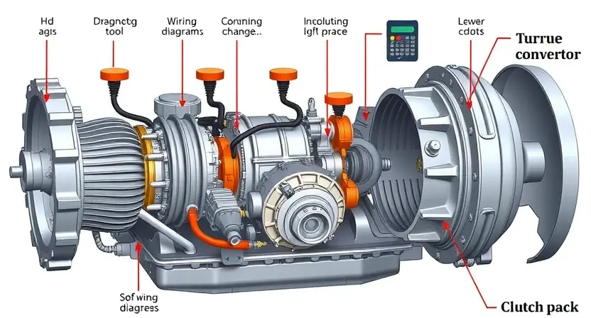 A detailed illustration of a car's transmission system, specifically highlighting the torque converter and the clutch pack. Include wiring diagrams and diagnostic tools around the components. Focus on clarity and technical accuracy.