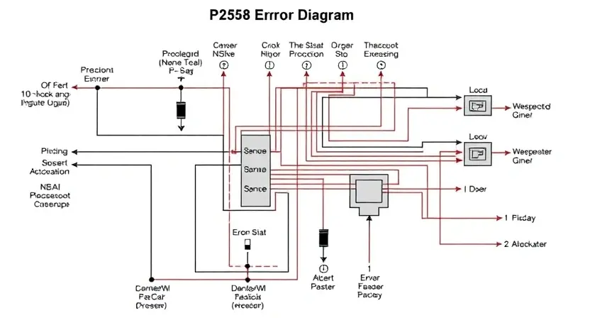 A detailed schematic diagram illustrating the P2558 error code in a vehicle's engine control unit (ECU). The diagram should show the relevant sensors, actuators, and wiring associated with the error. Include visual cues to represent the error state, such as a highlighted component or a specific signal flow.