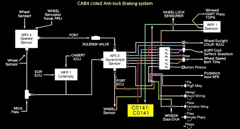 A detailed schematic diagram of an ABS (Anti-lock Braking System) circuit, highlighting the solenoid valve and its connection to other components like wheel speed sensors and the ECU. Use clear labels and color-coding to differentiate various parts of the circuit. Focus on the wiring and connections related to the C0141 error code.