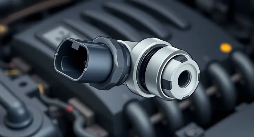 A close-up, detailed illustration of an engine coolant temperature sensor. The sensor should be clearly visible, with its electrical connector and wiring. In the background, subtly depict a car engine block, suggesting the sensor's location. Focus on the sensor's physical components and connections.