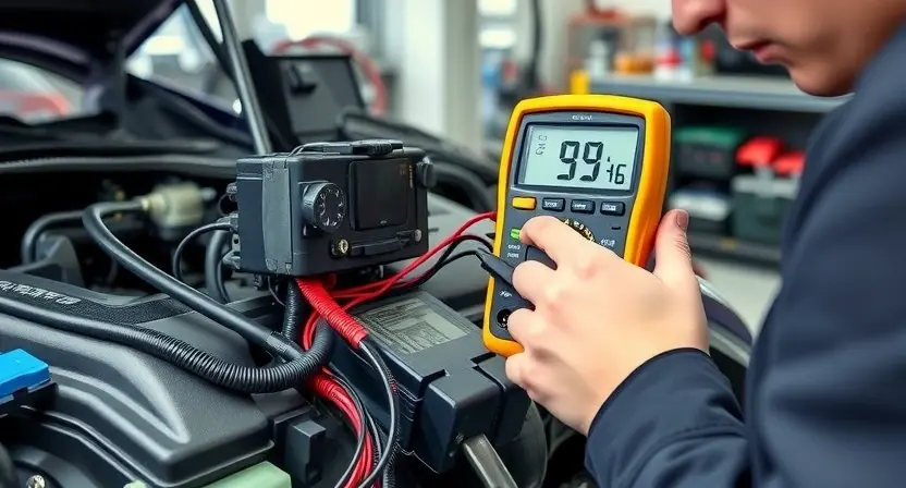 A close-up, detailed illustration of an automotive electrical system diagnostic process. Focus on a mechanic using a multimeter to test a wiring harness connected to a car's engine control unit (ECU). Wires, connectors, and the ECU should be clearly visible. The background should show a clean, organized automotive repair shop environment.