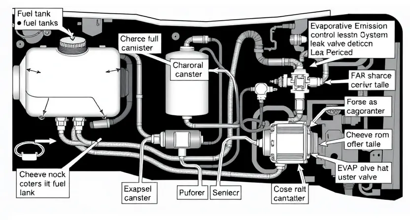 A detailed diagram illustrating a vehicle's emissions control system, specifically highlighting the components related to the P2196 error code (Evaporative Emission Control System Leak Detected). The diagram should show the fuel tank, charcoal canister, EVAP valve, hoses, and relevant sensors. Use clear labels and arrows to indicate the flow of fuel vapors. The overall aesthetic should be clean and technical, suitable for a repair manual or diagnostic guide.