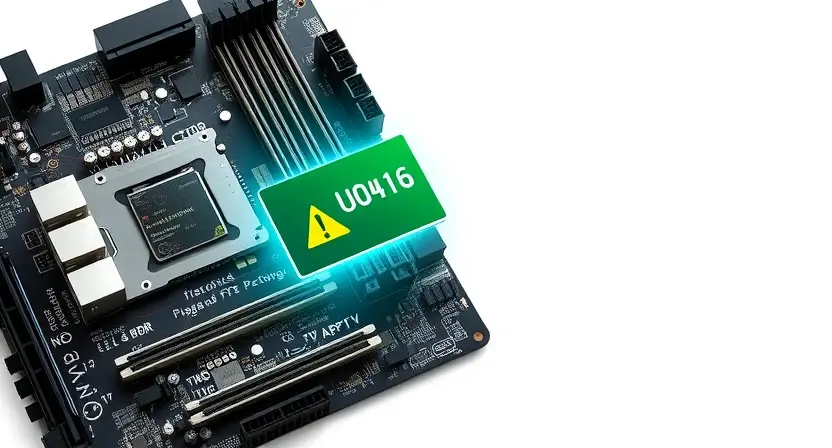 A high-quality technical illustration showing a computer motherboard with a highlighted error code U0416 displayed on a diagnostic screen, surrounded by subtle icons of error symbols and warning signs, clean white background, sharp focus, professional lighting