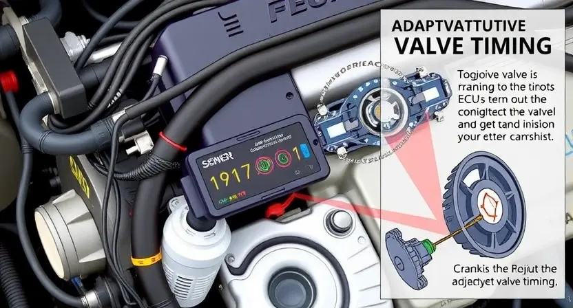 A detailed illustration of an engine control unit (ECU) with various sensors and wiring, highlighting the adaptive valve timing system. Include visual representations of the camshaft and crankshaft, showing their relative positions and how the ECU adjusts valve timing. Focus on technical accuracy and clarity.