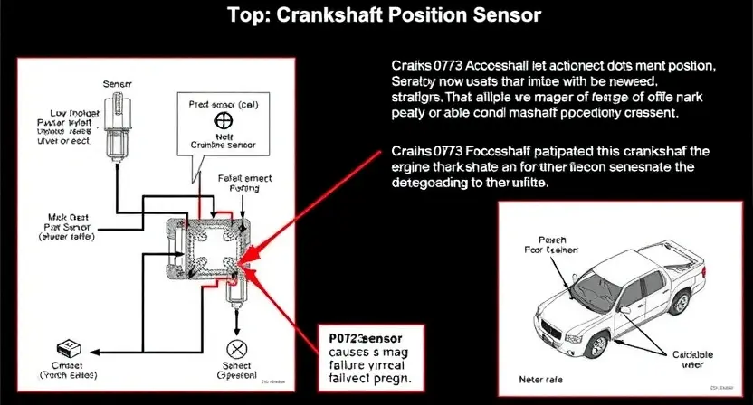 A detailed schematic diagram of an engine's crankshaft position sensor, highlighting the P0723 error code and its potential causes. Include visual representations of the sensor, wiring, and possible failure points.